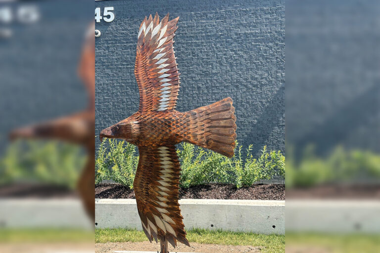 Local artist unveils steel eagle sculpture at Northway Wellness Centre