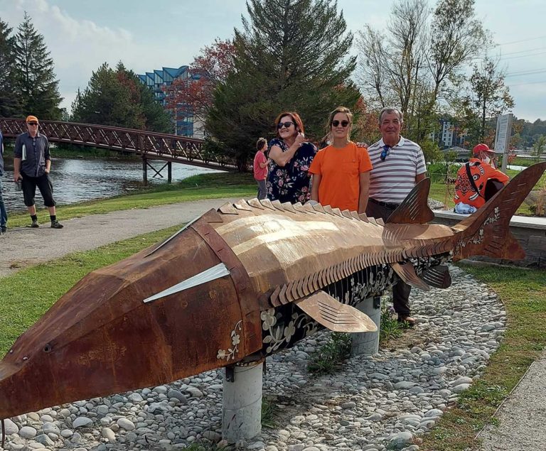 Island artist and fabricator Kathryn Corbiere unveils grandmother sturgeon sculpture at the Reconciliation Garden in Owen Sound